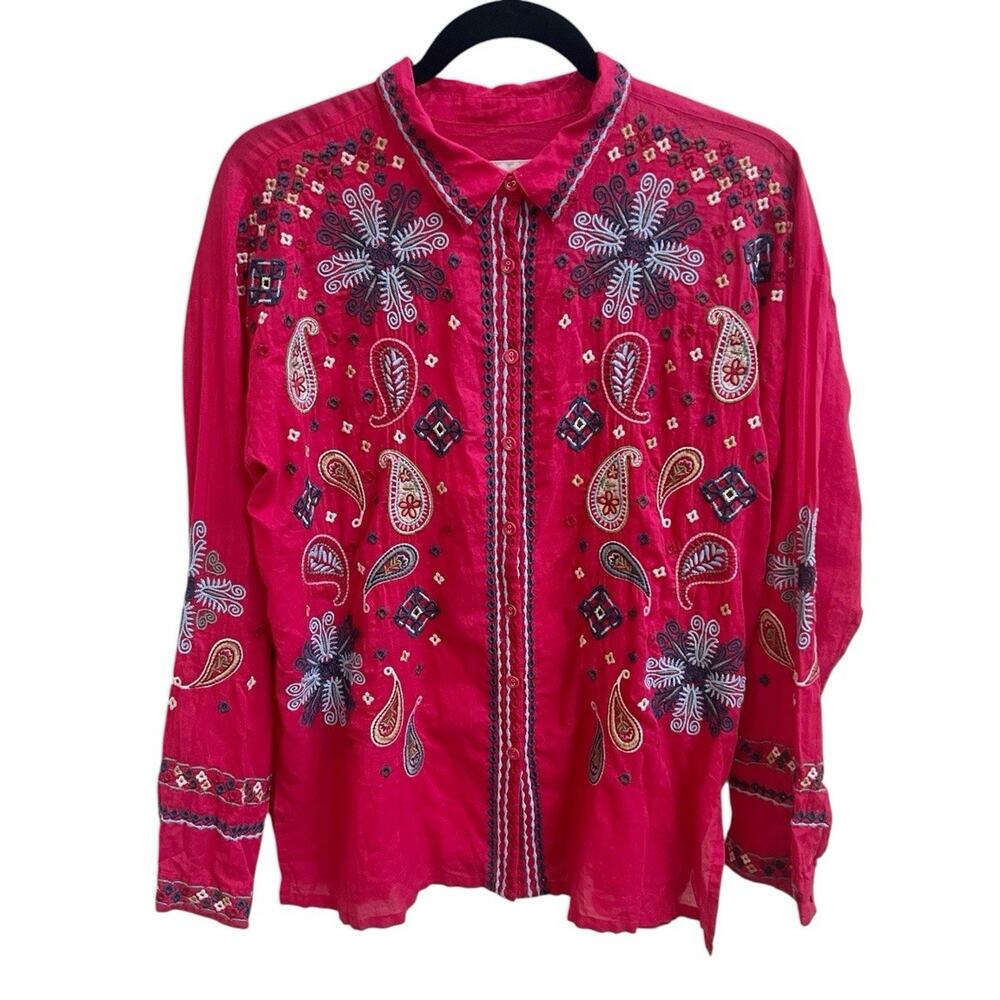 Johnny Was NWT Audrey Embroidered Button Down Shirt Ski Patrol Red Long Slv Sz S